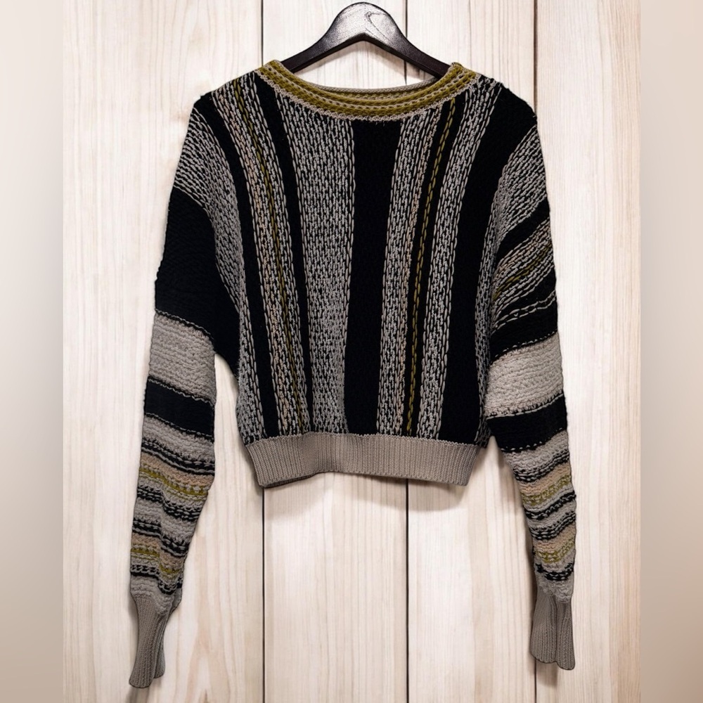 Free People Black, Gray & Olive Striped Cropped Crew Sweater